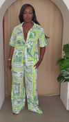 Green Stamp Print Button-Up & Wide-Leg Pants Set