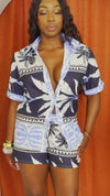 Summer outfit styled with modern tribal design and crisp color contrasts.