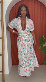 Peach Blossom Garden Floral Belted Maxi Dress