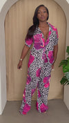 Leopard & Floral Print Pant Shirt Set