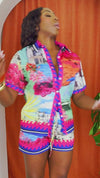 Resort-ready matching set with graphic seaside imagery and floral borders.