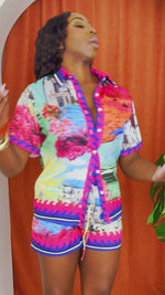 Resort-ready matching set with graphic seaside imagery and floral borders.