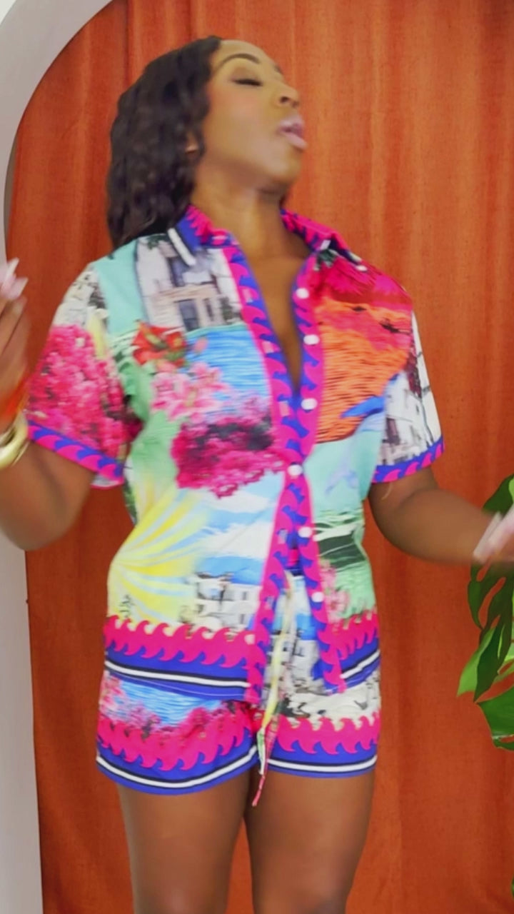 Resort-ready matching set with graphic seaside imagery and floral borders.