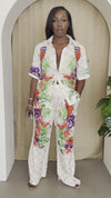 Parrot Garden Print Shirt & Pant Set – White