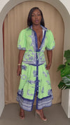 Lime Mediterranean Print Button-Up Midi Dress